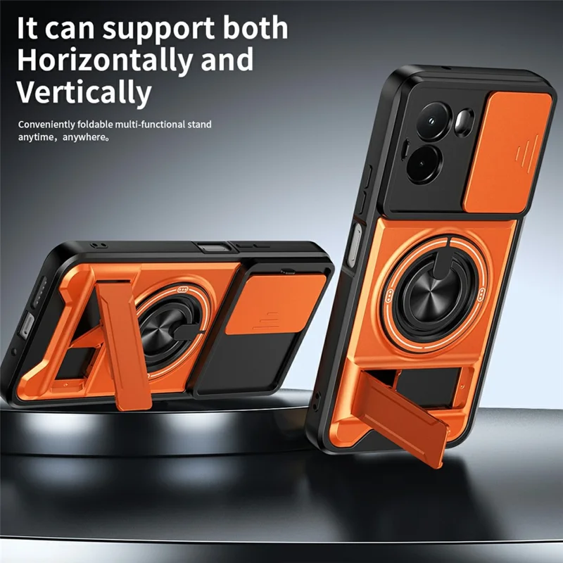 For Xiaomi Poco M7 4G (169mm)  /  Poco M7 Plus 5G Magnetic Case Ring Holder Foldable Kickstand TPU PC Phone Cover with Camera Lens Slider - Orange