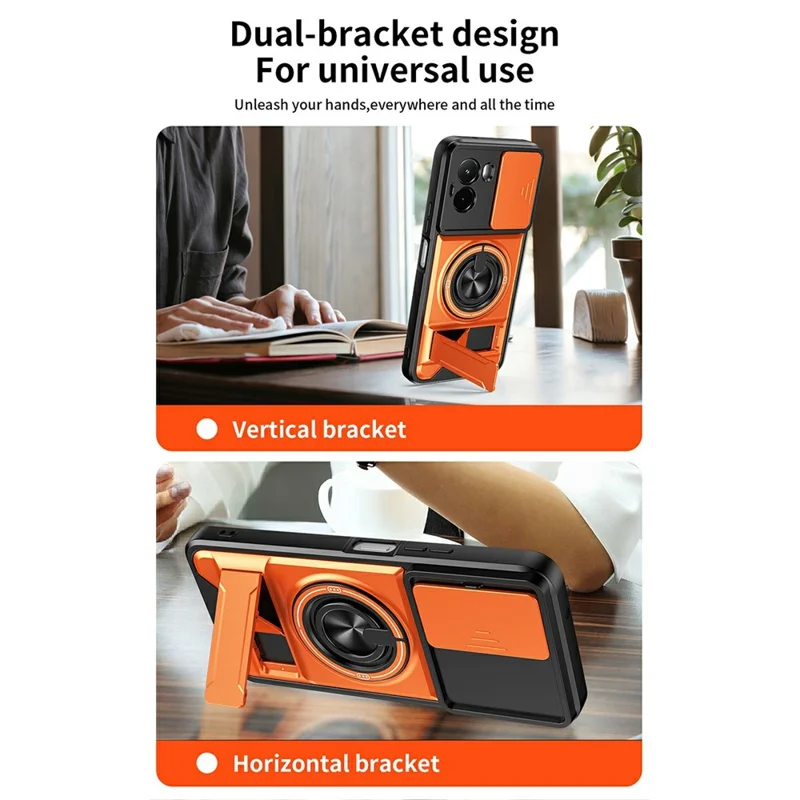 For Xiaomi Poco M7 4G (169mm)  /  Poco M7 Plus 5G Magnetic Case Ring Holder Foldable Kickstand TPU PC Phone Cover with Camera Lens Slider - Orange