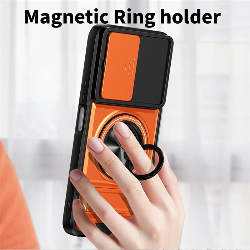 For Xiaomi Poco M7 4G (169mm)  /  Poco M7 Plus 5G Magnetic Case Ring Holder Foldable Kickstand TPU PC Phone Cover with Camera Lens Slider - Orange