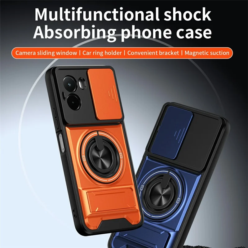 For Xiaomi Poco M7 4G (169mm)  /  Poco M7 Plus 5G Magnetic Case Ring Holder Foldable Kickstand TPU PC Phone Cover with Camera Lens Slider - Orange