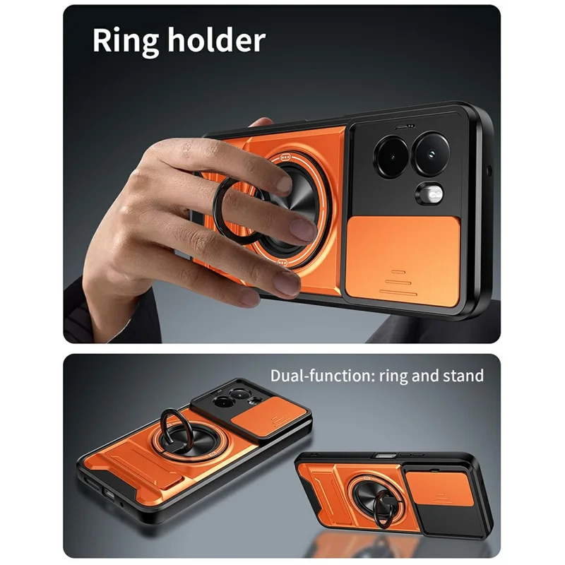 For Xiaomi Poco M7 4G (169mm)  /  Poco M7 Plus 5G Magnetic Case Ring Holder Foldable Kickstand TPU PC Phone Cover with Camera Lens Slider - Orange