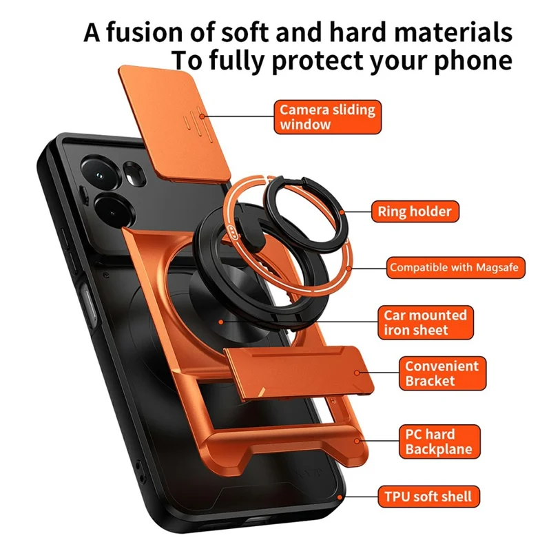 For Xiaomi Poco M7 4G (169mm)  /  Poco M7 Plus 5G Magnetic Case Ring Holder Foldable Kickstand TPU PC Phone Cover with Camera Lens Slider - Orange