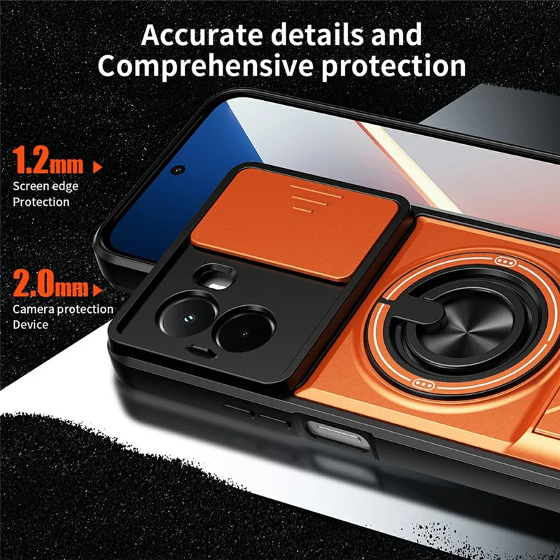 For Xiaomi Poco M7 4G (169mm)  /  Poco M7 Plus 5G Magnetic Case Ring Holder Foldable Kickstand TPU PC Phone Cover with Camera Lens Slider - Orange