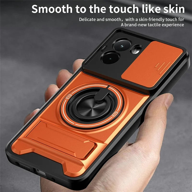 For Xiaomi Poco M7 4G (169mm)  /  Poco M7 Plus 5G Magnetic Case Ring Holder Foldable Kickstand TPU PC Phone Cover with Camera Lens Slider - Orange