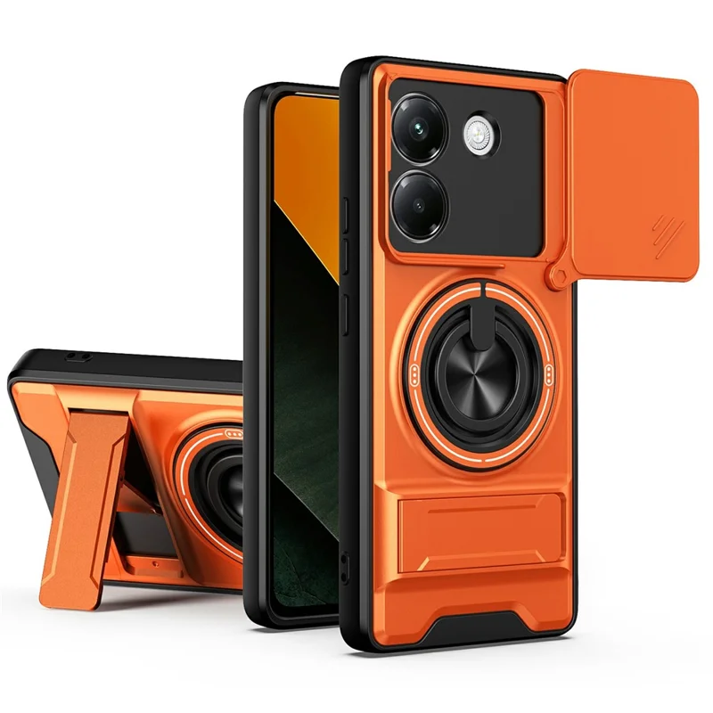 Чехол для Xiaomi Poco M7 Pro 5G с магнитом, кольцом-держателем, складной подставкой, из ТПУ и поликарбоната, с ползунком объектива камеры — оранжевый