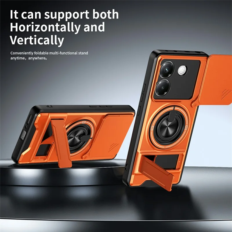Чехол для Xiaomi Poco M7 Pro 5G с магнитом, кольцом-держателем, складной подставкой, из ТПУ и поликарбоната, с ползунком объектива камеры — оранжевый