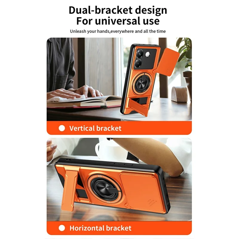 Чехол для Xiaomi Poco M7 Pro 5G с магнитом, кольцом-держателем, складной подставкой, из ТПУ и поликарбоната, с ползунком объектива камеры — оранжевый