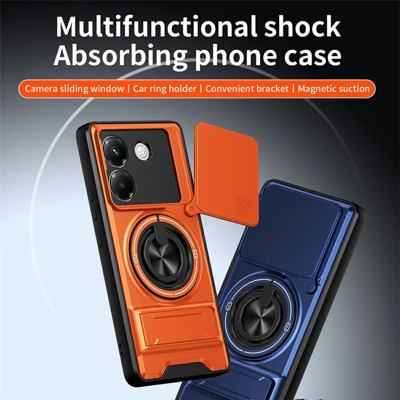 Чехол для Xiaomi Poco M7 Pro 5G с магнитом, кольцом-держателем, складной подставкой, из ТПУ и поликарбоната, с ползунком объектива камеры — оранжевый