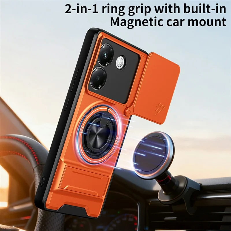 Чехол для Xiaomi Poco M7 Pro 5G с магнитом, кольцом-держателем, складной подставкой, из ТПУ и поликарбоната, с ползунком объектива камеры — оранжевый