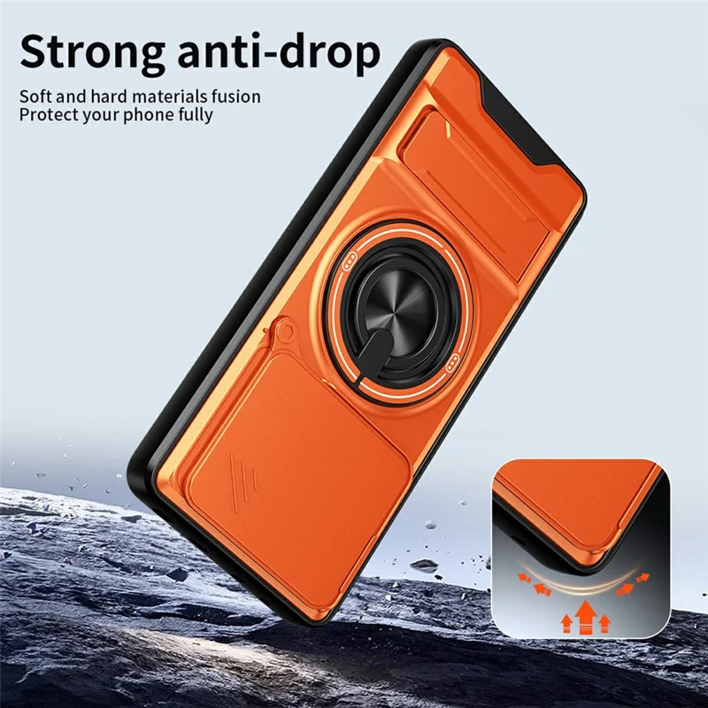 Чехол для Xiaomi Poco M7 Pro 5G с магнитом, кольцом-держателем, складной подставкой, из ТПУ и поликарбоната, с ползунком объектива камеры — оранжевый