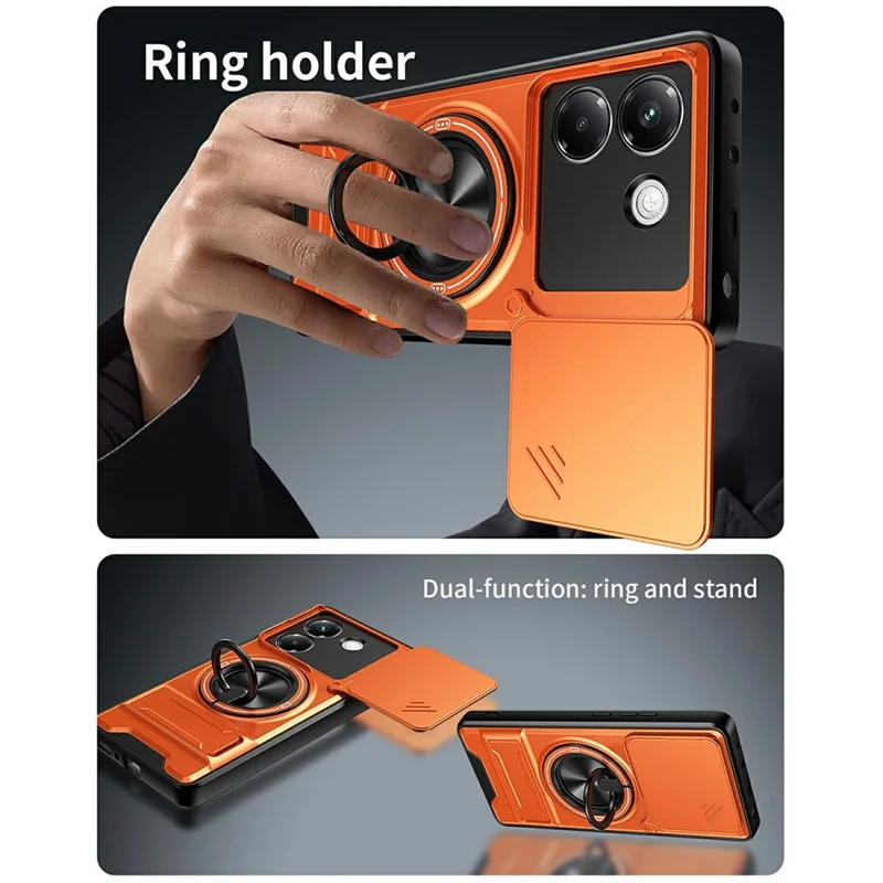 Чехол для Xiaomi Poco M7 Pro 5G с магнитом, кольцом-держателем, складной подставкой, из ТПУ и поликарбоната, с ползунком объектива камеры — оранжевый