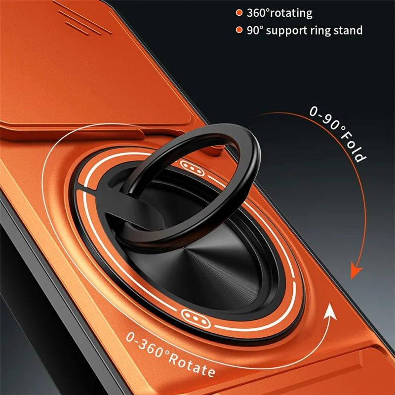 Чехол для Xiaomi Poco M7 Pro 5G с магнитом, кольцом-держателем, складной подставкой, из ТПУ и поликарбоната, с ползунком объектива камеры — оранжевый
