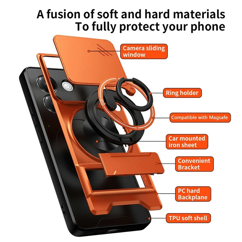 Чехол для Xiaomi Poco M7 Pro 5G с магнитом, кольцом-держателем, складной подставкой, из ТПУ и поликарбоната, с ползунком объектива камеры — оранжевый