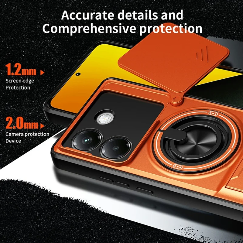 Чехол для Xiaomi Poco M7 Pro 5G с магнитом, кольцом-держателем, складной подставкой, из ТПУ и поликарбоната, с ползунком объектива камеры — оранжевый