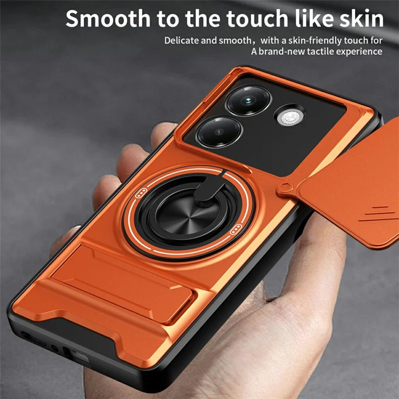 Чехол для Xiaomi Poco M7 Pro 5G с магнитом, кольцом-держателем, складной подставкой, из ТПУ и поликарбоната, с ползунком объектива камеры — оранжевый