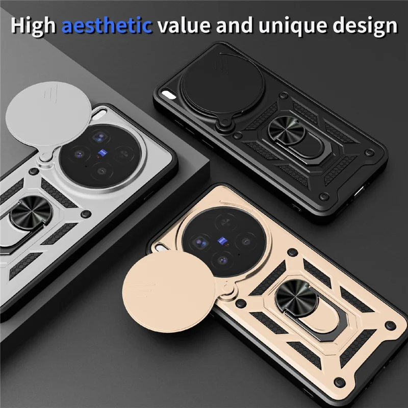 Für vivo X300 Pro 5G Hülle mit verschiebbarem Kamera-Deckel PC + TPU Ständer-Handyhülle - Schwarz