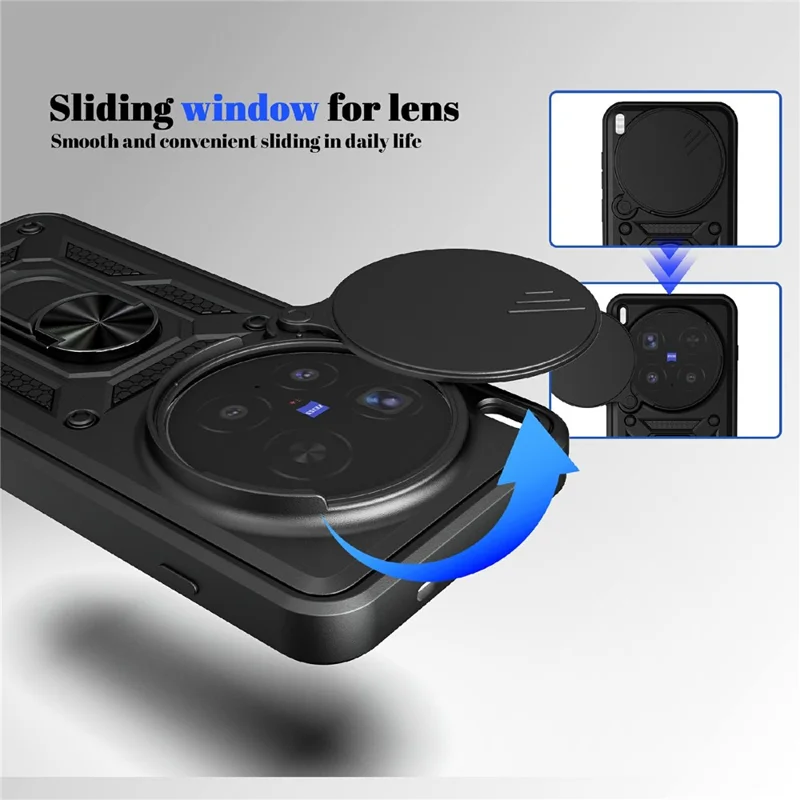 Für vivo X300 Pro 5G Hülle mit verschiebbarem Kamera-Deckel PC + TPU Ständer-Handyhülle - Schwarz