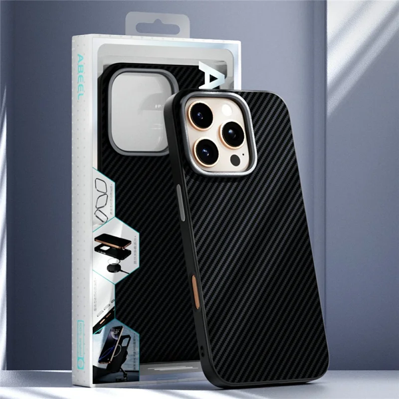 ABEEL Coque pour iPhone 16 Pro Max Compatible avec MagSafe Texture Fibre de Carbone TPU PC PU Couverture Arrière de Téléphone - Noir