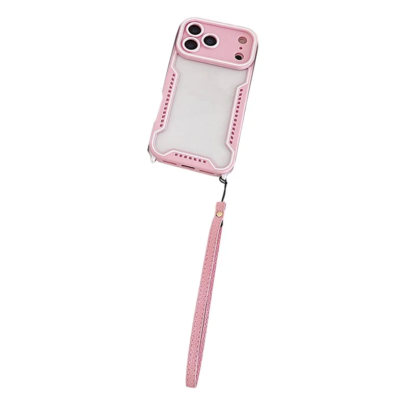 For iPhone 17 Pro Max Case Contrast Color Epoxy PC + TPU Phone Cover with Wrist Strap and 6 Detachable Corner Guards - Pink
