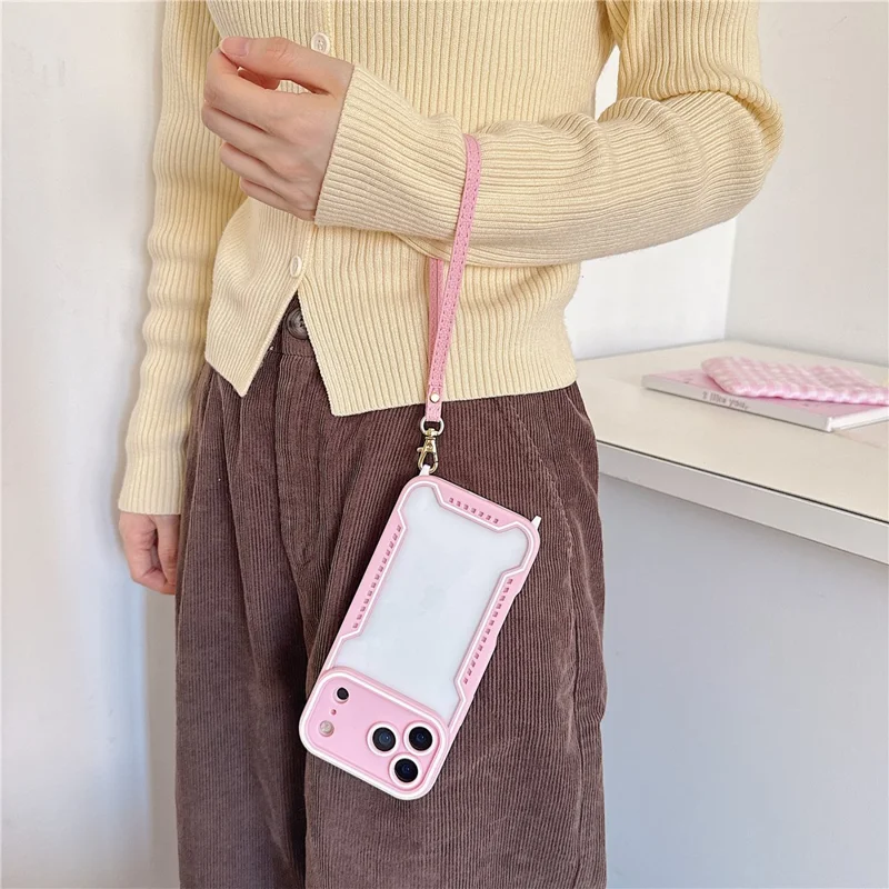 For iPhone 17 Pro Max Case Contrast Color Epoxy PC + TPU Phone Cover with Wrist Strap and 6 Detachable Corner Guards - Pink