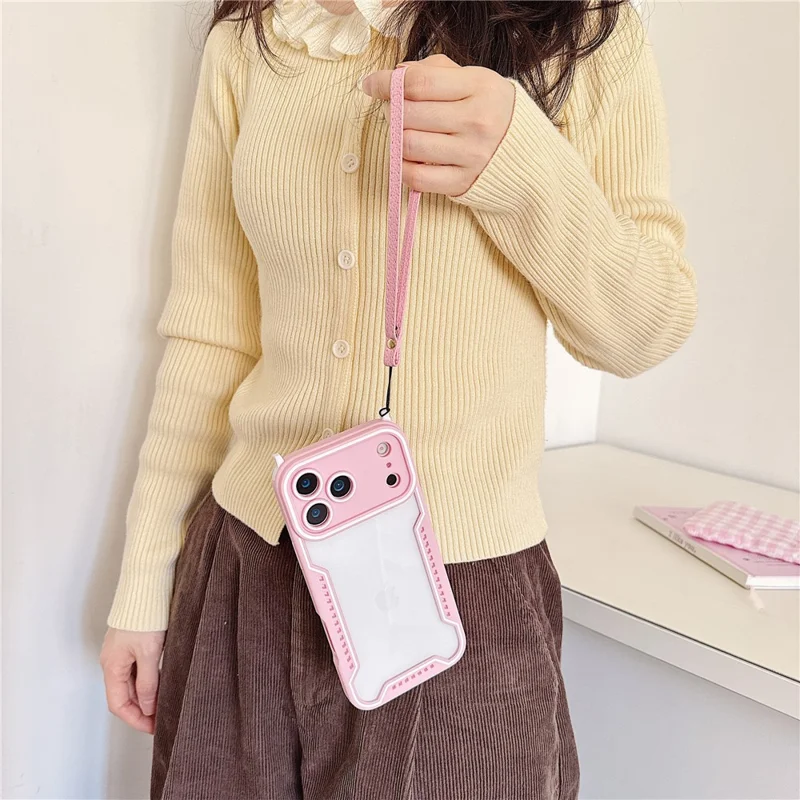 For iPhone 17 Pro Max Case Contrast Color Epoxy PC + TPU Phone Cover with Wrist Strap and 6 Detachable Corner Guards - Pink