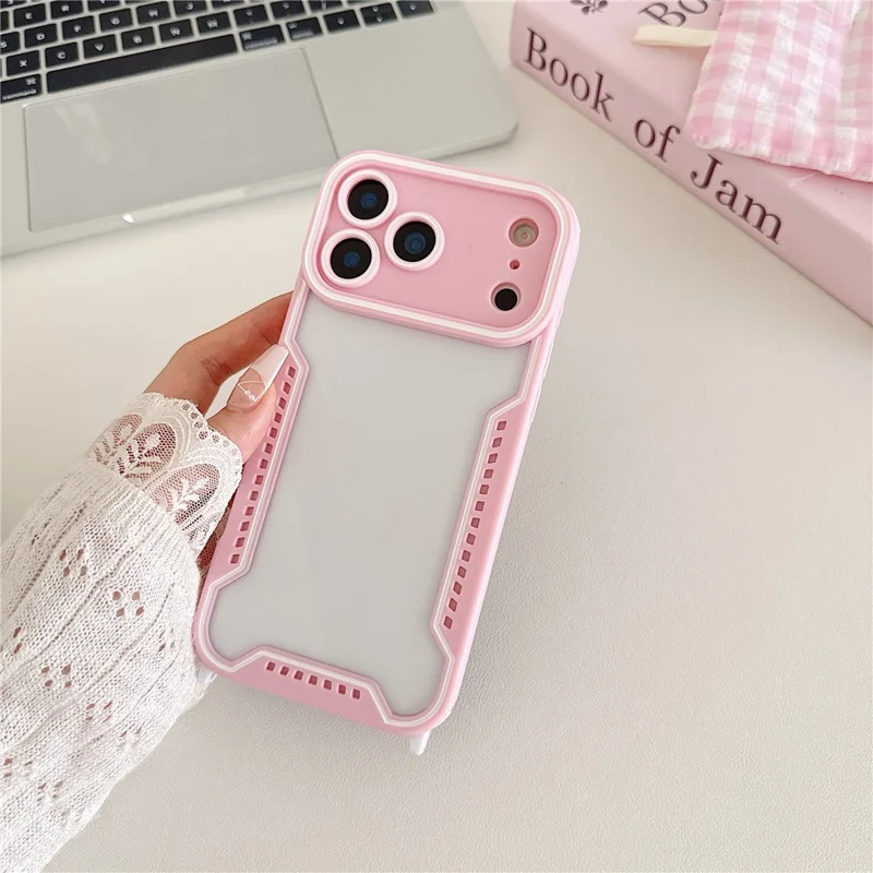 For iPhone 17 Pro Max Case Contrast Color Epoxy PC + TPU Phone Cover with Wrist Strap and 6 Detachable Corner Guards - Pink