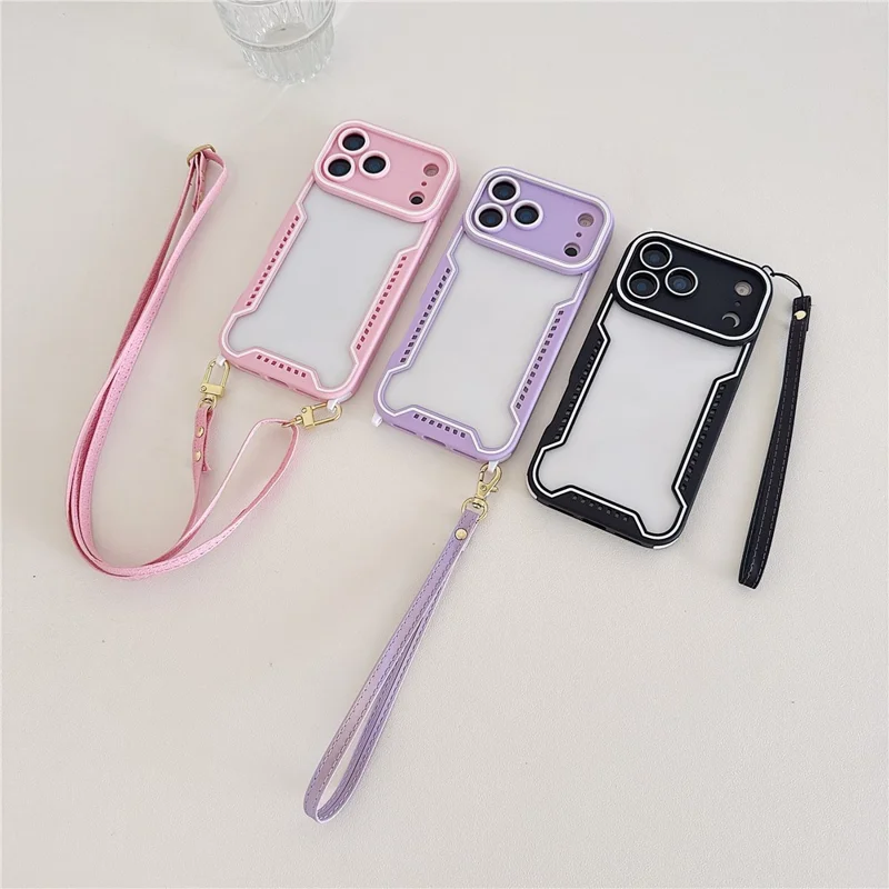 For iPhone 17 Pro Max Case Contrast Color Epoxy PC + TPU Phone Cover with Wrist Strap and 6 Detachable Corner Guards - Pink