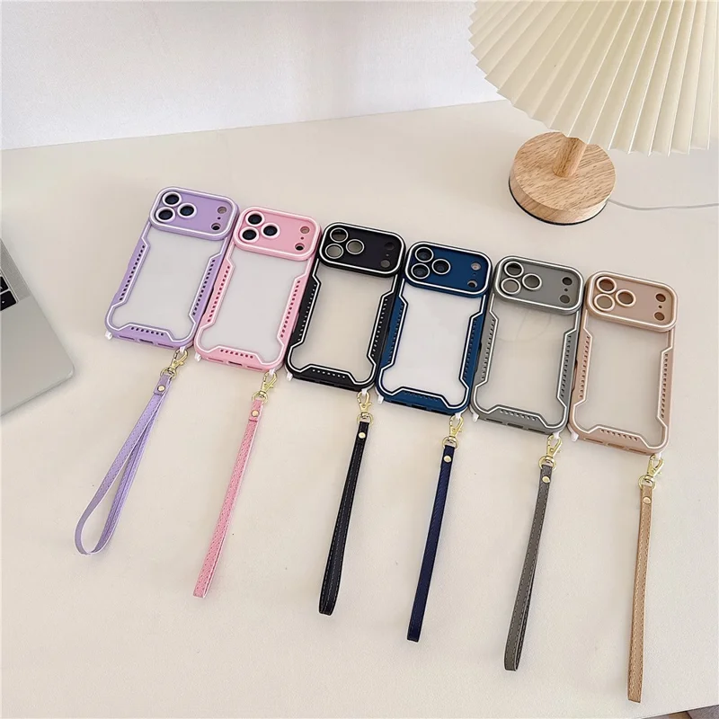 For iPhone 17 Pro Max Case Contrast Color Epoxy PC + TPU Phone Cover with Wrist Strap and 6 Detachable Corner Guards - Pink