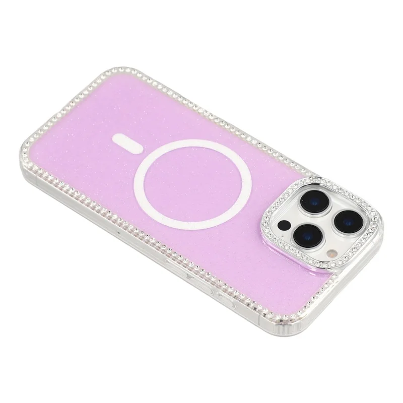 For iPhone 16 Pro Case Compatible with MagSafe Rhinestone Edge Glitter Back TPU + PC IMD Phone Cover - Glitter Light Purple