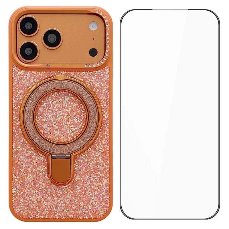For iPhone 17 Pro Magnetic Case Glitter Design Ring Kickstand TPU + Acrylic Phone Cover with Screen Protector - Orange