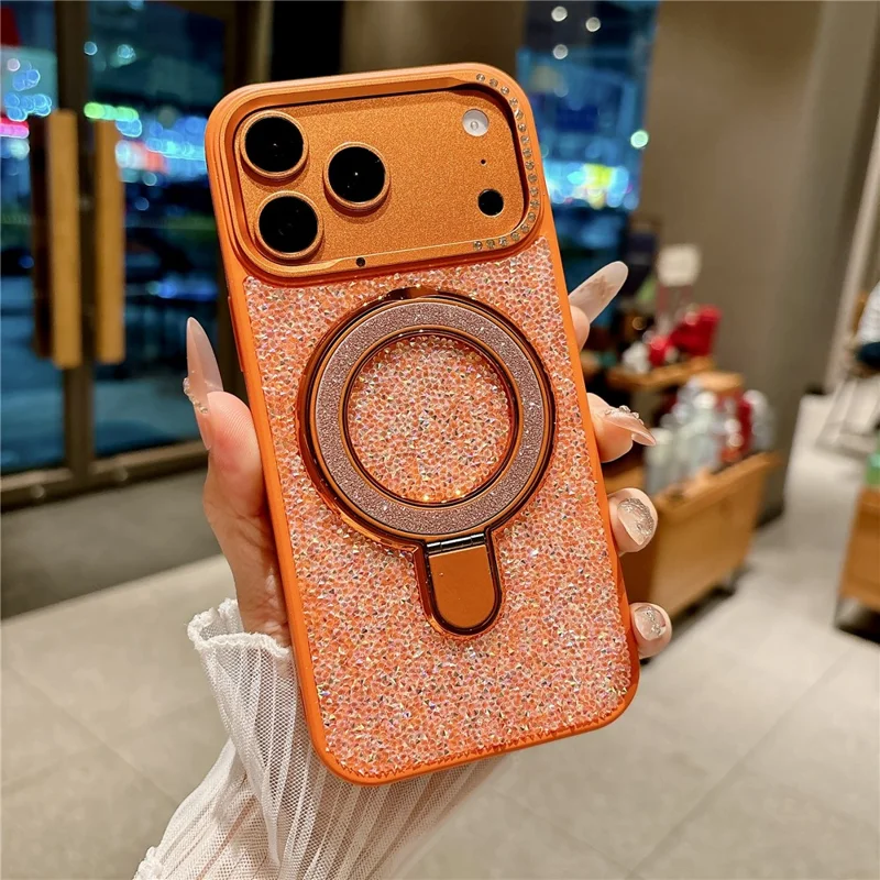 For iPhone 17 Pro Magnetic Case Glitter Design Ring Kickstand TPU + Acrylic Phone Cover with Screen Protector - Orange