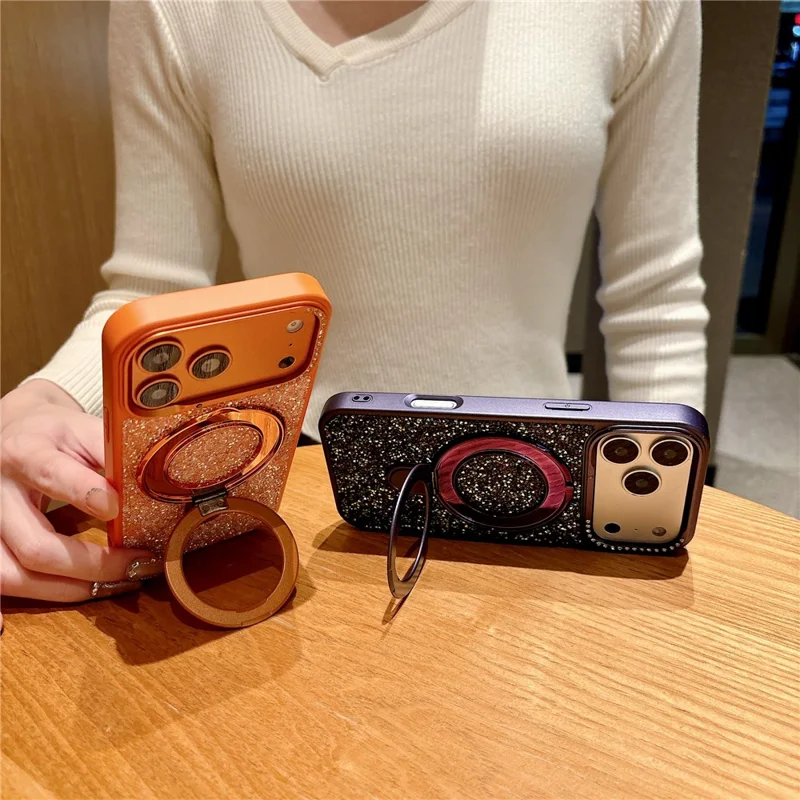 For iPhone 17 Pro Magnetic Case Glitter Design Ring Kickstand TPU + Acrylic Phone Cover with Screen Protector - Orange