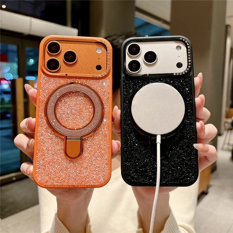For iPhone 17 Pro Magnetic Case Glitter Design Ring Kickstand TPU + Acrylic Phone Cover with Screen Protector - Orange