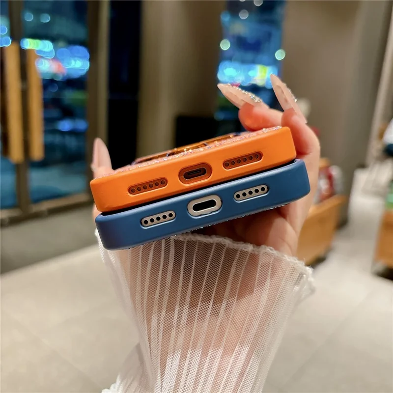 For iPhone 17 Pro Magnetic Case Glitter Design Ring Kickstand TPU + Acrylic Phone Cover with Screen Protector - Orange