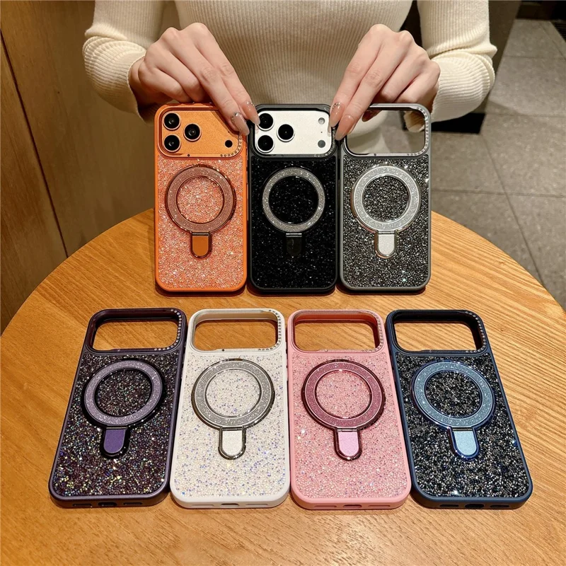 For iPhone 17 Pro Magnetic Case Glitter Design Ring Kickstand TPU + Acrylic Phone Cover with Screen Protector - Orange