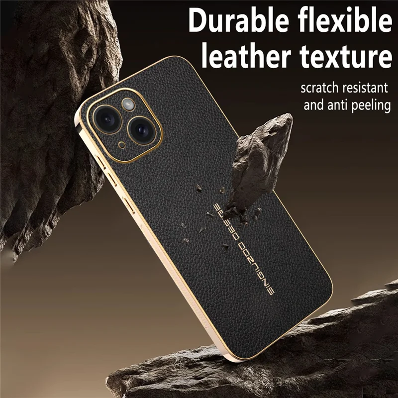 Für iPhone 15 Hülle Anti-Scratch Leder-Optik TPU Leder PU Handy-Rückseite - Schwarz