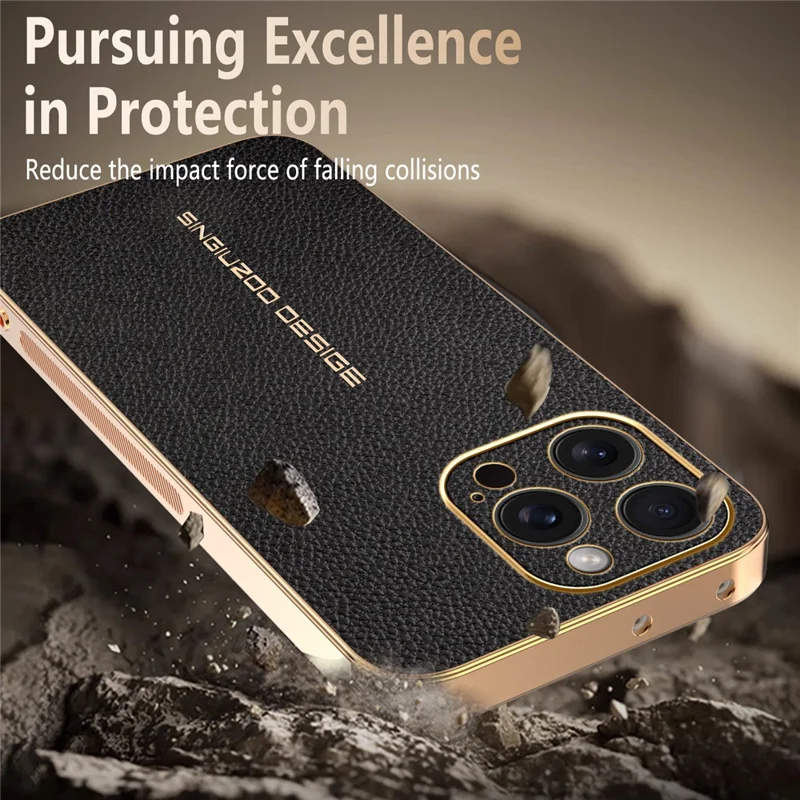 For iPhone 15 Pro Max Case Anti Scratch Litchi Texture TPU Leather PU Phone Back Cover - Black