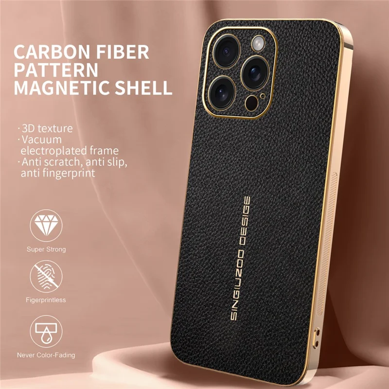 For iPhone 15 Pro Max Case Anti Scratch Litchi Texture TPU Leather PU Phone Back Cover - Black