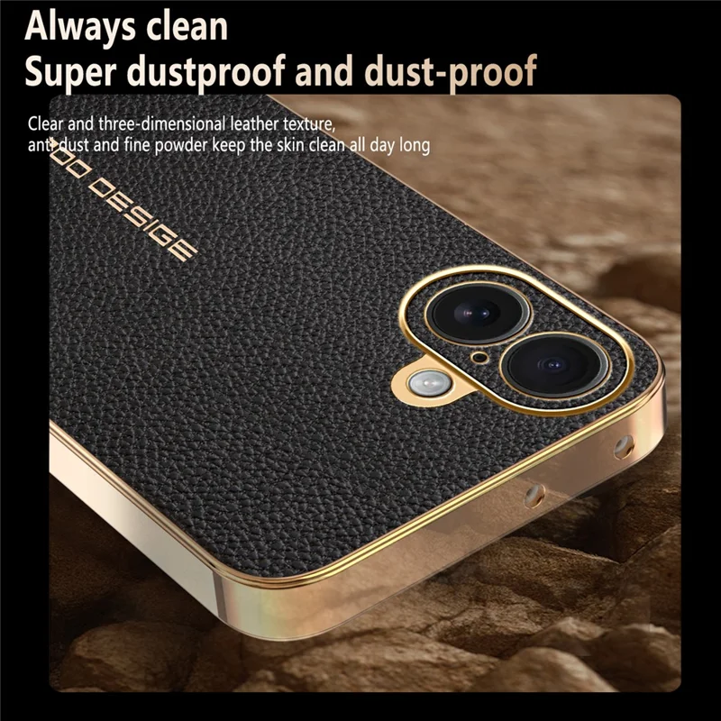 For iPhone 16 Plus Case Anti Scratch Litchi Texture TPU Leather PU Phone Back Cover - Black