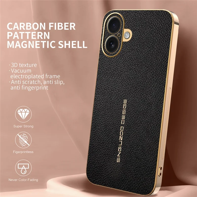 For iPhone 16 Plus Case Anti Scratch Litchi Texture TPU Leather PU Phone Back Cover - Black