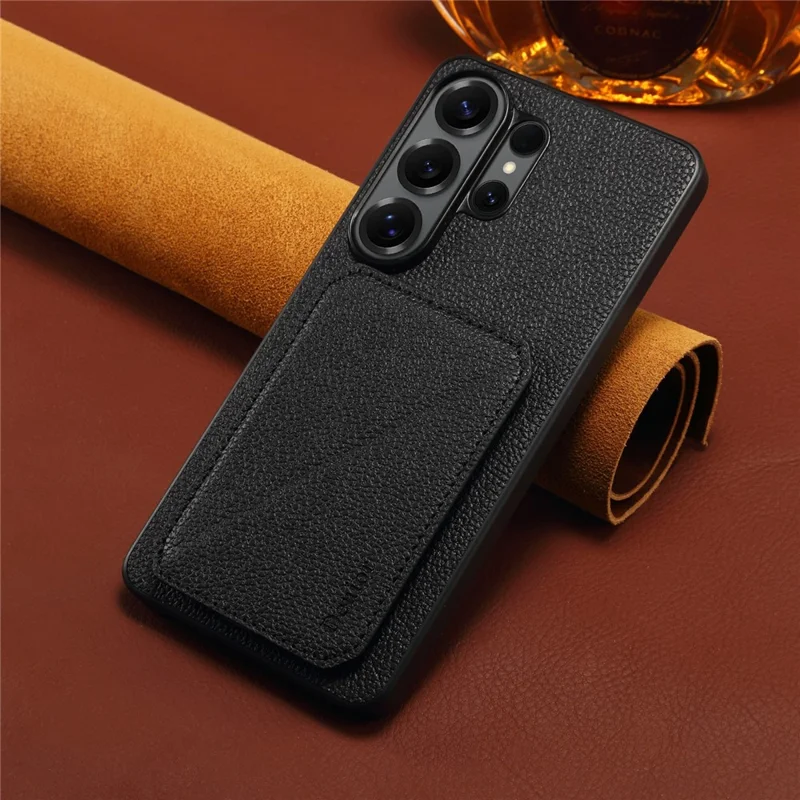 DENIOR D29 For Samsung Galaxy S26 Ultra Magnetic Case Leather Back Phone Cover with Detachable Card Holder - Black