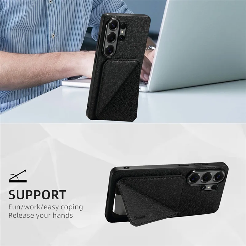 DENIOR D29 For Samsung Galaxy S25 Ultra Magnetic Case Leather Back Phone Cover with Detachable Card Holder - Black