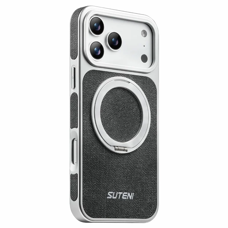 SUTENI G6 for iPhone 17 Pro Max Magnetic Case Rotating Kickstand Electroplating Jean Cloth Texture Leather Back Cover - Black