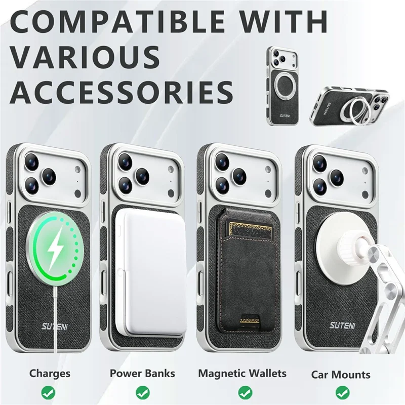 SUTENI G6 for iPhone 17 Pro Max Magnetic Case Rotating Kickstand Electroplating Jean Cloth Texture Leather Back Cover - Black