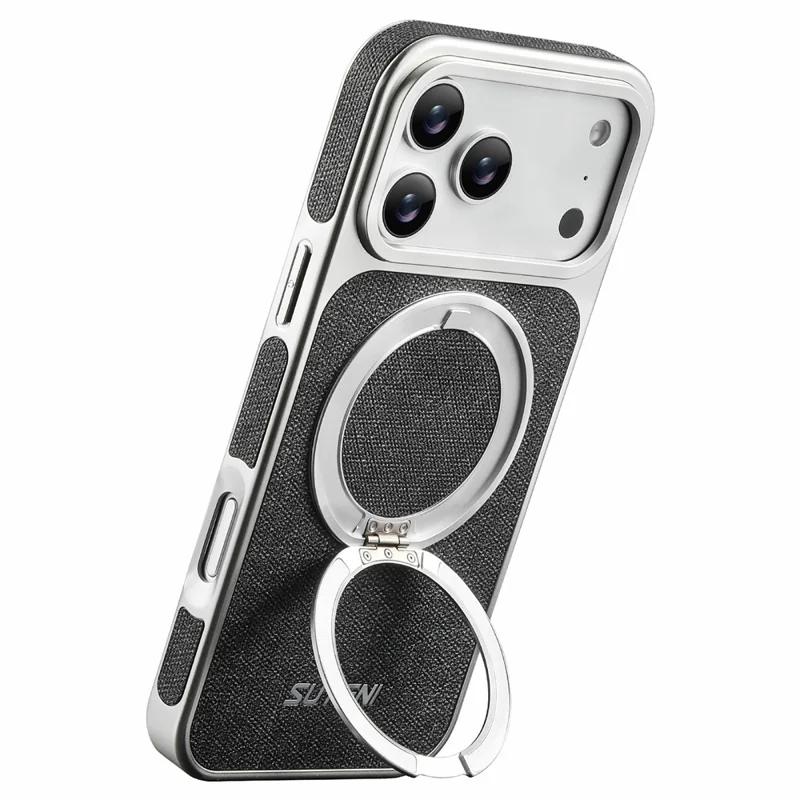 SUTENI G6 for iPhone 17 Pro Max Magnetic Case Rotating Kickstand Electroplating Jean Cloth Texture Leather Back Cover - Black