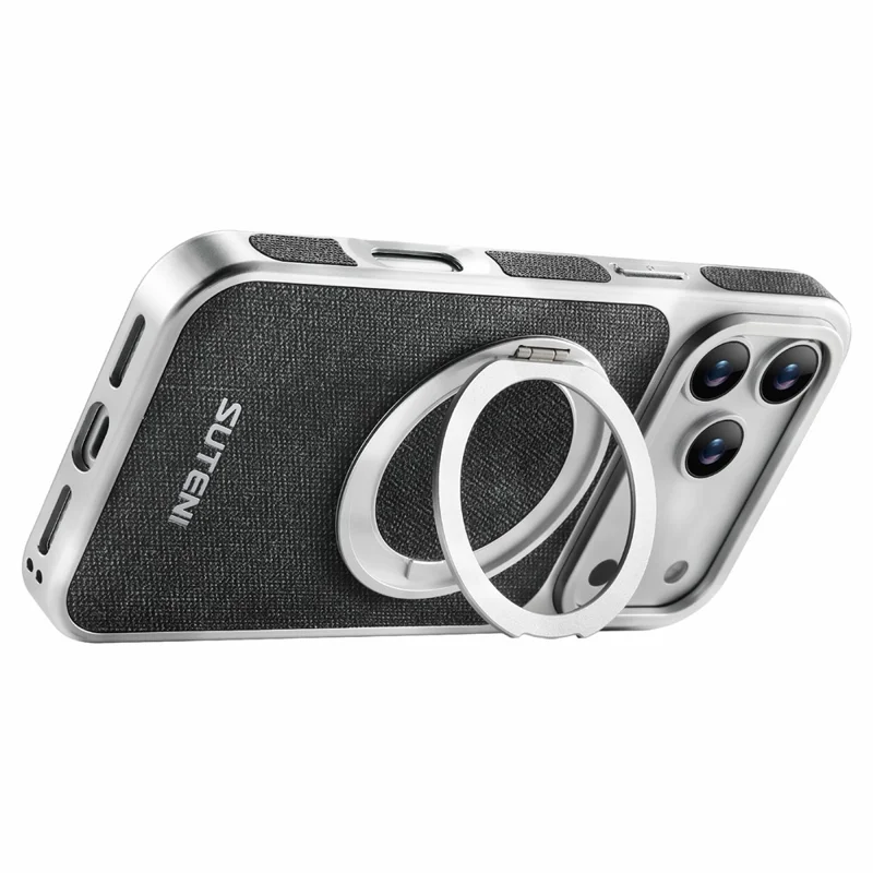 SUTENI G6 for iPhone 17 Pro Max Magnetic Case Rotating Kickstand Electroplating Jean Cloth Texture Leather Back Cover - Black