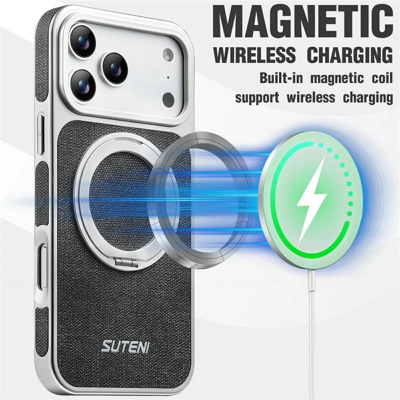 SUTENI G6 for iPhone 17 Pro Max Magnetic Case Rotating Kickstand Electroplating Jean Cloth Texture Leather Back Cover - Black