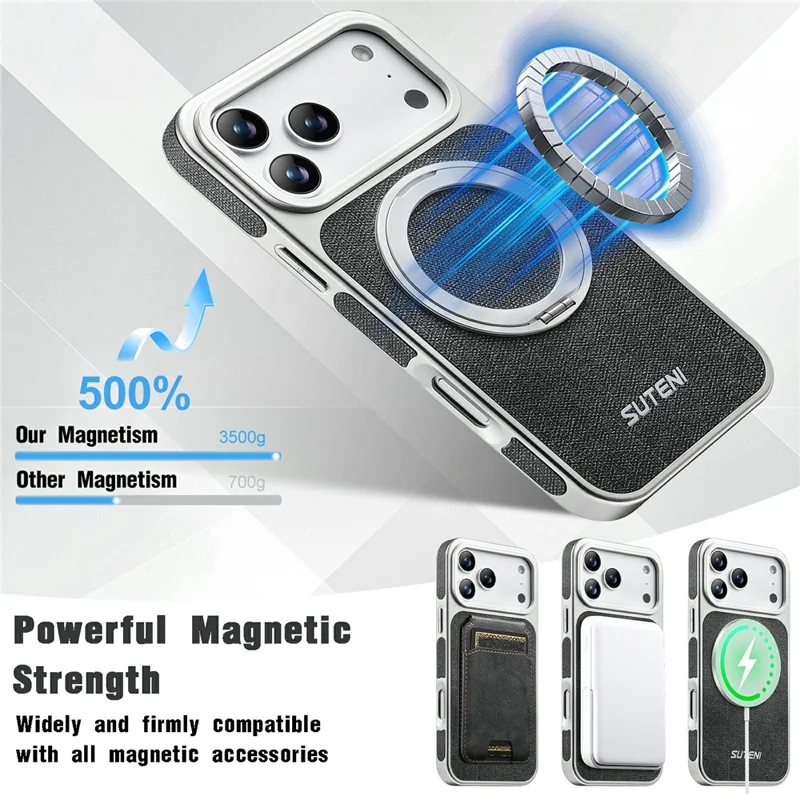 SUTENI G6 for iPhone 17 Pro Max Magnetic Case Rotating Kickstand Electroplating Jean Cloth Texture Leather Back Cover - Black