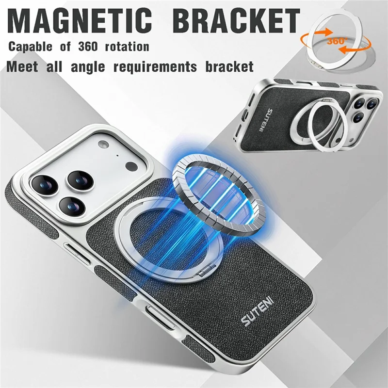 SUTENI G6 for iPhone 17 Pro Max Magnetic Case Rotating Kickstand Electroplating Jean Cloth Texture Leather Back Cover - Black
