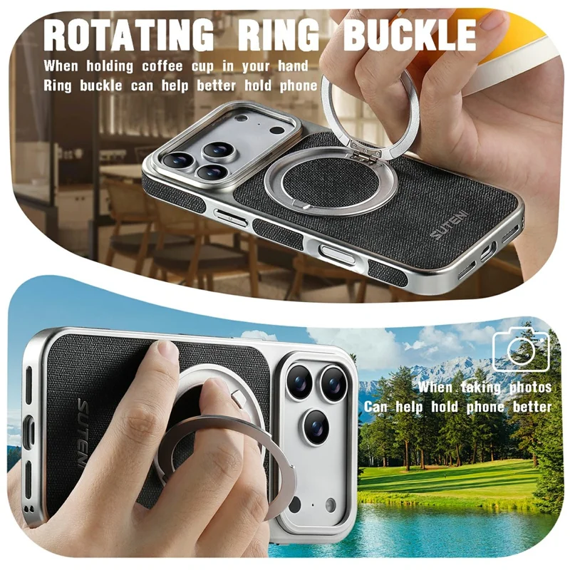 SUTENI G6 for iPhone 17 Pro Max Magnetic Case Rotating Kickstand Electroplating Jean Cloth Texture Leather Back Cover - Black